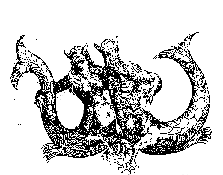 two weird merman sea creature guys with legs partway up their bodies. there's two of them with their arms around each other