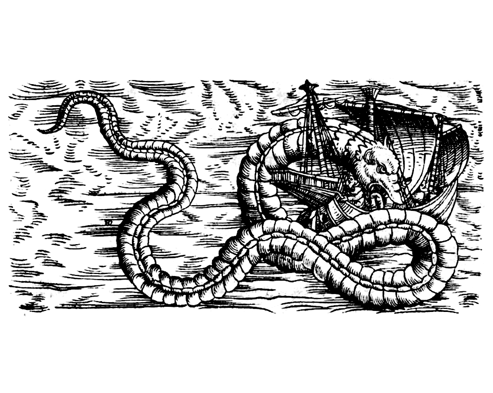 a 17th century illustration of a sea serpent attacking a ship